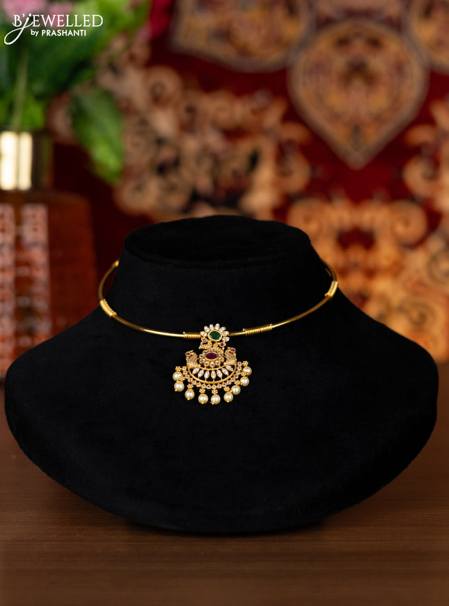 Antique ring type choker peacock design with kemp & cz stones and pearl hangings