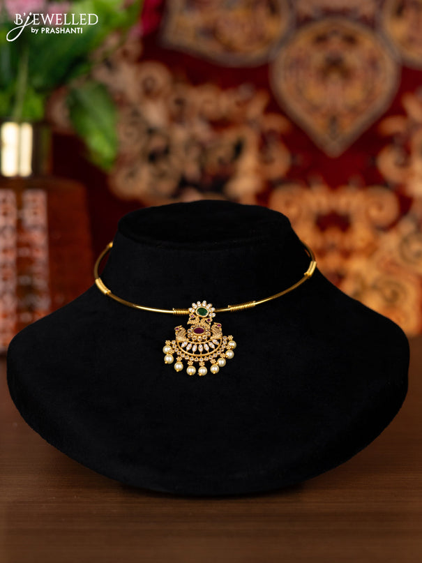 Antique ring type choker peacock design with kemp & cz stones and pearl hangings