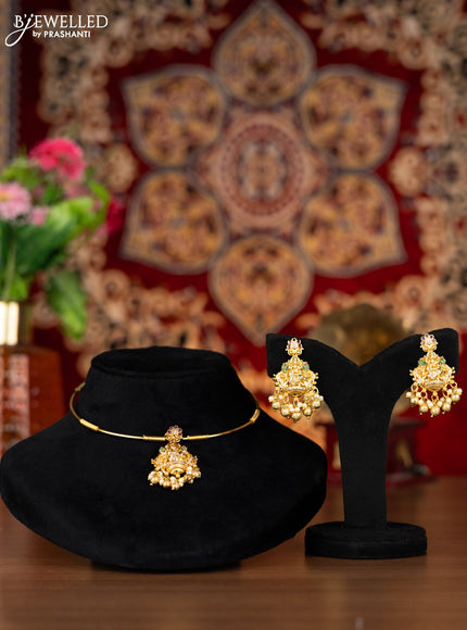 Antique ring type choker lakshmi pendant with kemp & cz stones and pearl & golden beads hangings