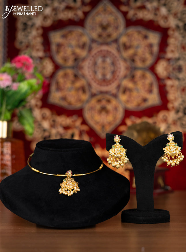 Antique ring type choker lakshmi pendant with kemp & cz stones and pearl & golden beads hangings