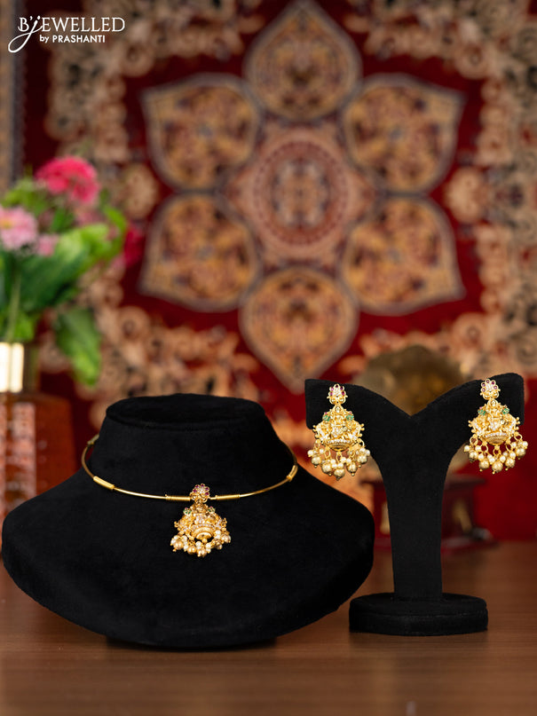 Antique ring type choker lakshmi pendant with kemp & cz stones and pearl & golden beads hangings