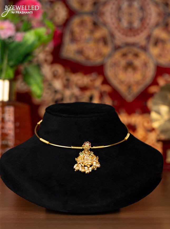 Antique ring type choker lakshmi pendant with kemp & cz stones and pearl & golden beads hangings