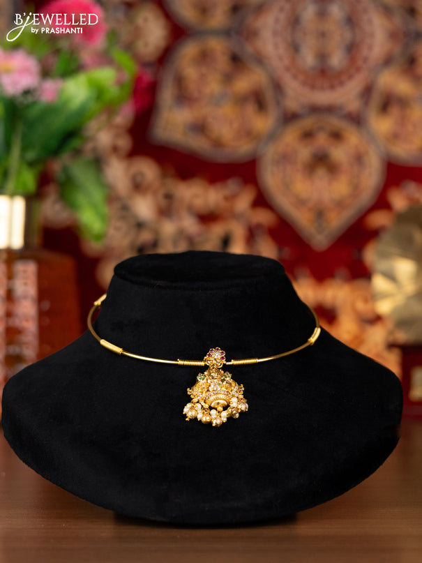 Antique ring type choker lakshmi pendant with kemp & cz stones and pearl & golden beads hangings