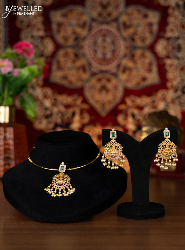 Antique ring type choker lakshmi pendant with kemp & cz stones and pearl hangings