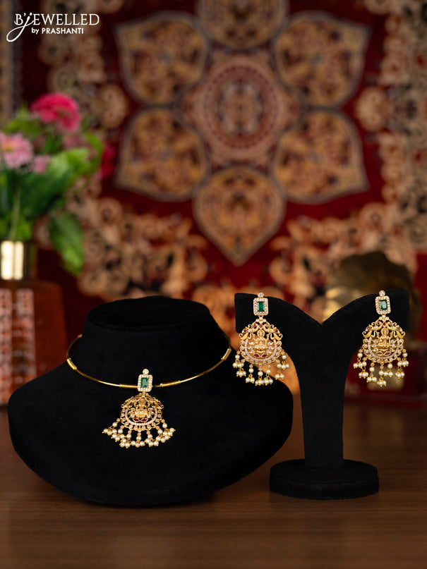 Antique ring type choker lakshmi pendant with kemp & cz stones and pearl hangings