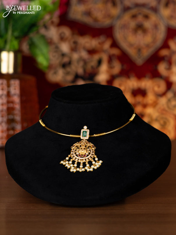 Antique ring type choker lakshmi pendant with kemp & cz stones and pearl hangings