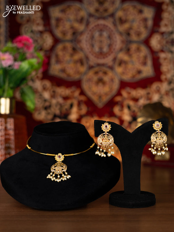 Antique ring type choker lakshmi pendant with ruby & cz stones and pearl hangings