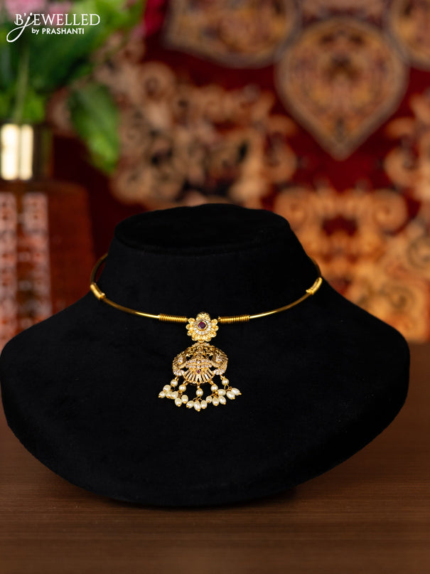 Antique ring type choker lakshmi pendant with ruby & cz stones and pearl hangings