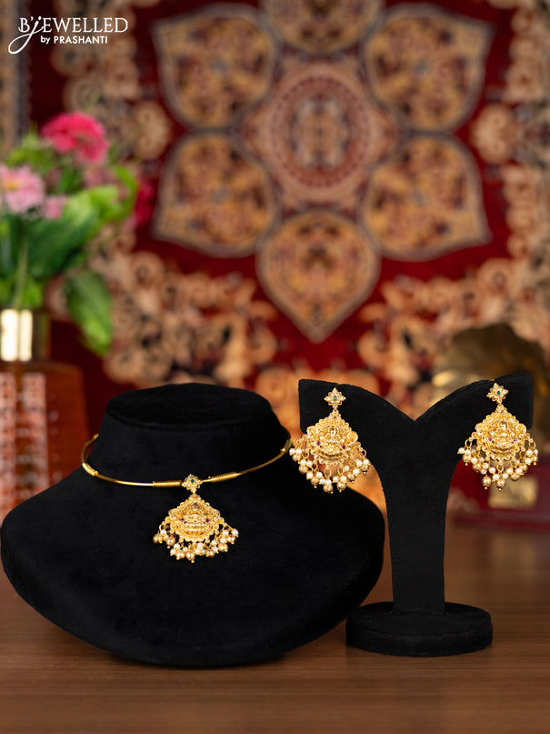 Antique ring type choker lakshmi pendant with kemp stones and pearl & golden beads hangings