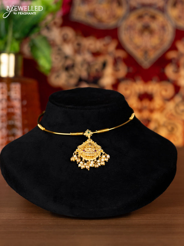 Antique ring type choker lakshmi pendant with kemp stones and pearl & golden beads hangings
