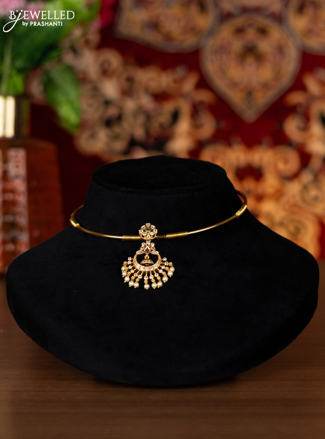 Antique ring type choker with kemp & cz stones and pearl hangings