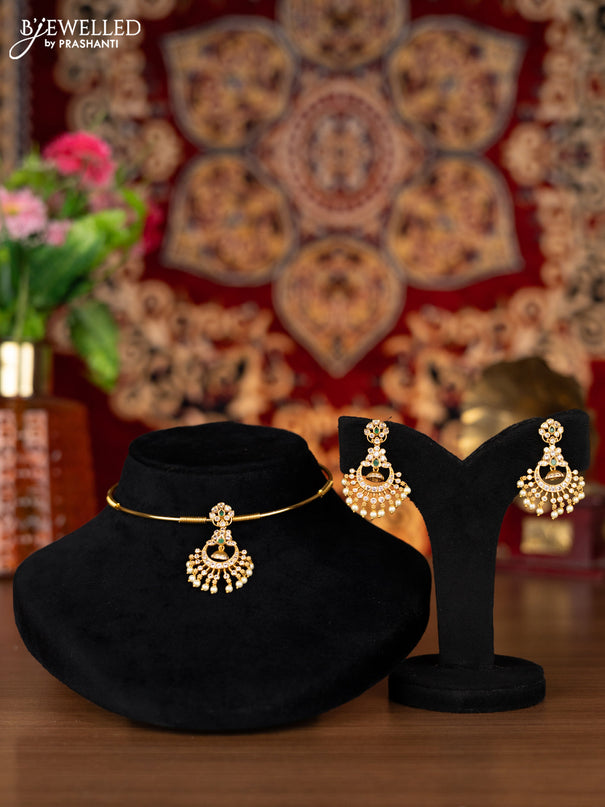 Antique ring type choker with emerald & cz stones and pearl hangings