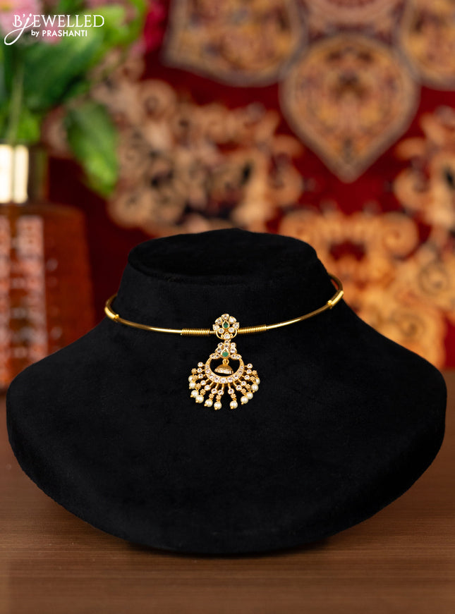Antique ring type choker with emerald & cz stones and pearl hangings