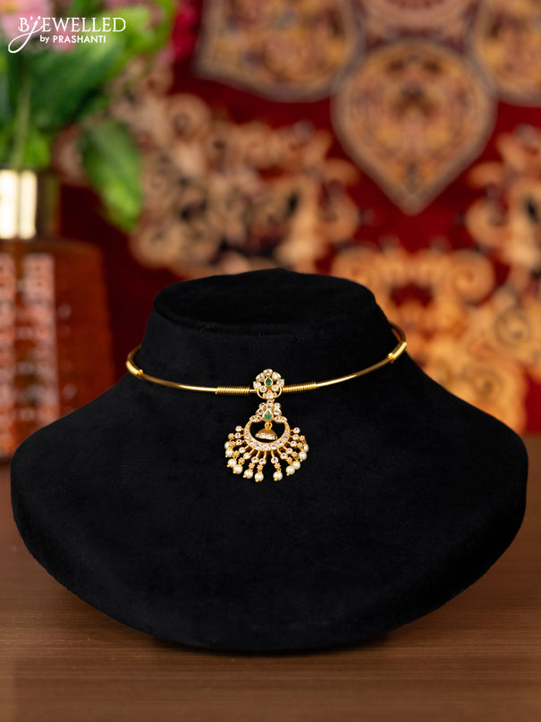 Antique ring type choker with emerald & cz stones and pearl hangings