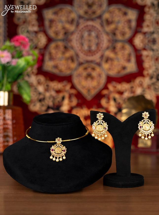 Antique ring type choker ramdarbar design with kemp & cz stones and pearl hangings