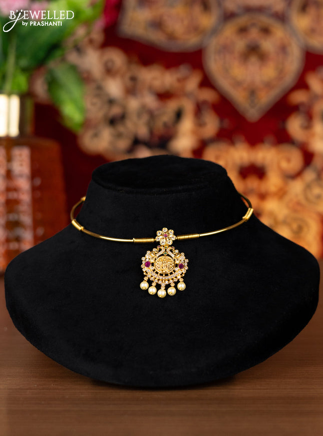 Antique ring type choker ramdarbar design with kemp & cz stones and pearl hangings