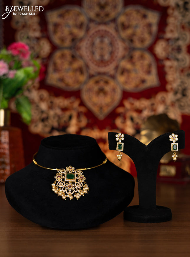 Antique ring type choker floral design with kemp & cz stones and pearl & golden beads hangings