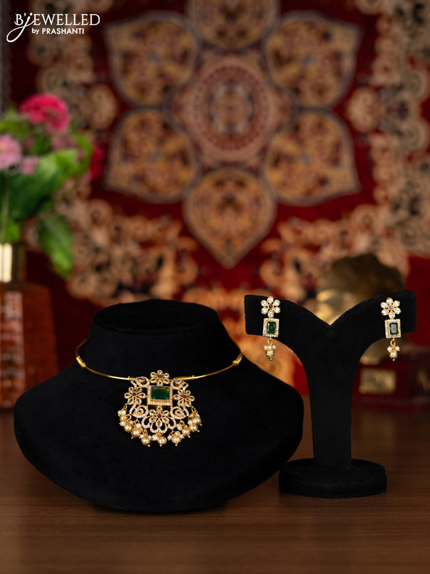 Antique ring type choker floral design with kemp & cz stones and pearl & golden beads hangings