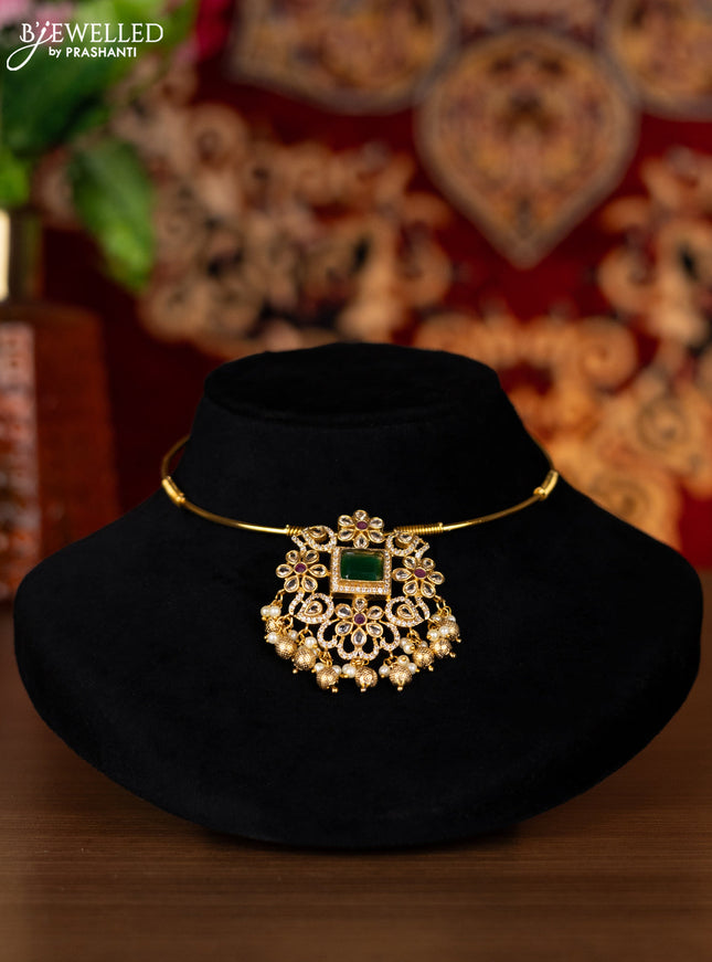 Antique ring type choker floral design with kemp & cz stones and pearl & golden beads hangings