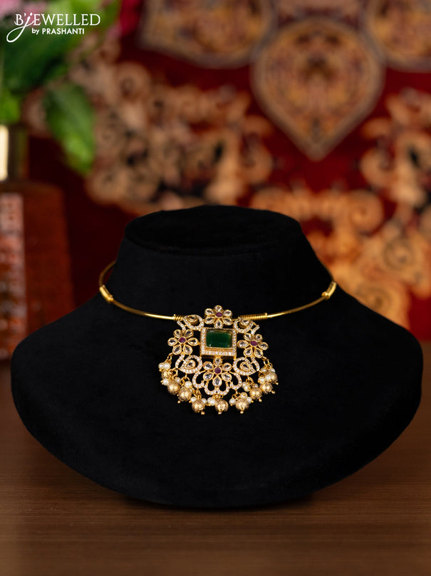 Antique ring type choker floral design with kemp & cz stones and pearl & golden beads hangings