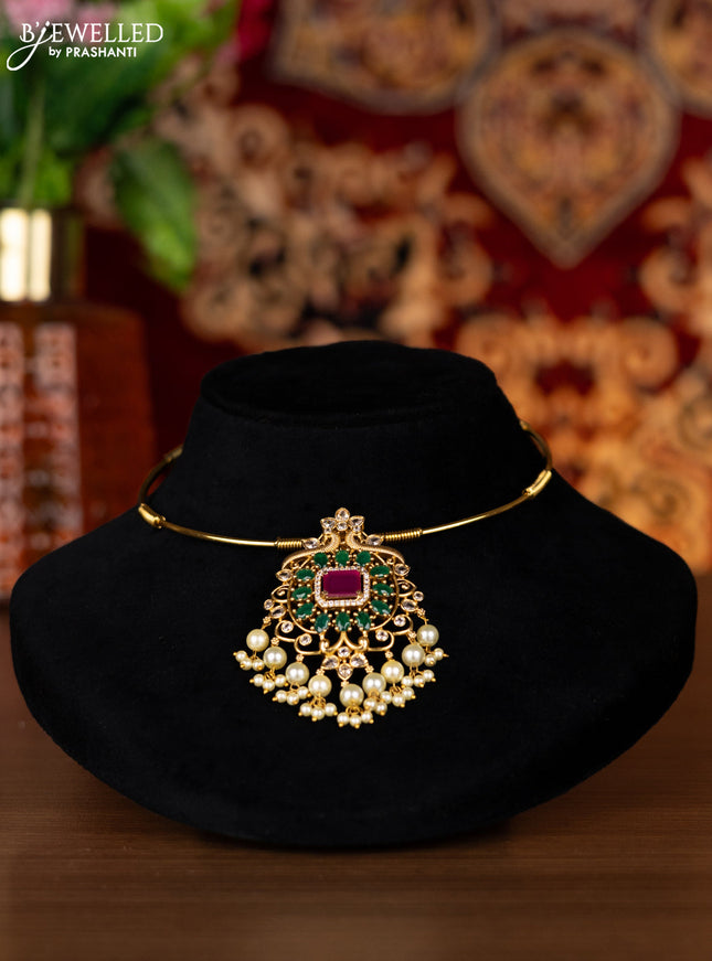 Antique ring type choker with kemp & cz stones and pearl hangings