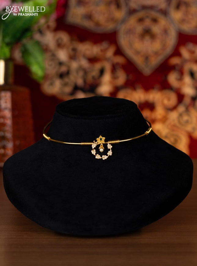 Antique ring type choker with emerald & cz stones and pearl hanging