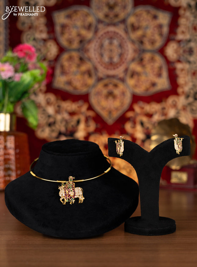 Antique ring type choker krishna pendant with kemp and cz stones