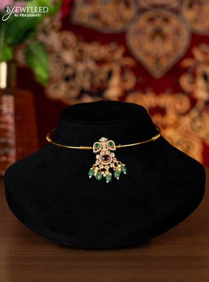 Antique ring type choker with kemp & cz stones and pearl & mint green beads hangings