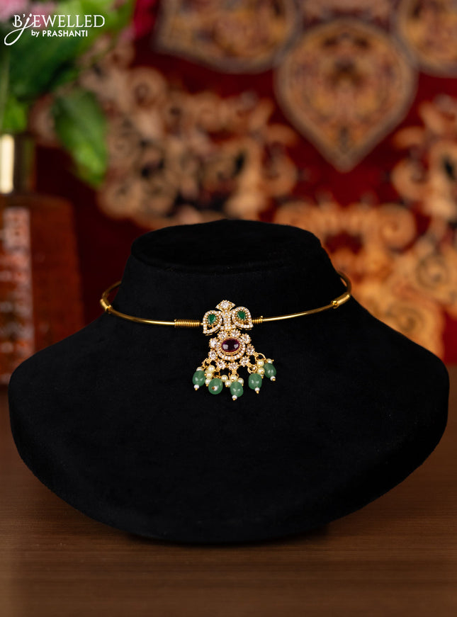 Antique ring type choker with kemp & cz stones and pearl & mint green beads hangings