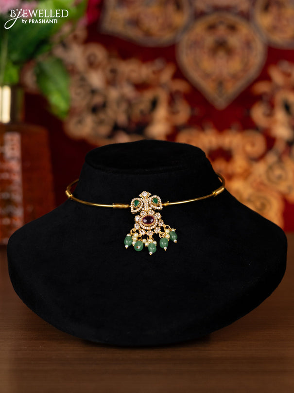 Antique ring type choker with kemp & cz stones and pearl & mint green beads hangings