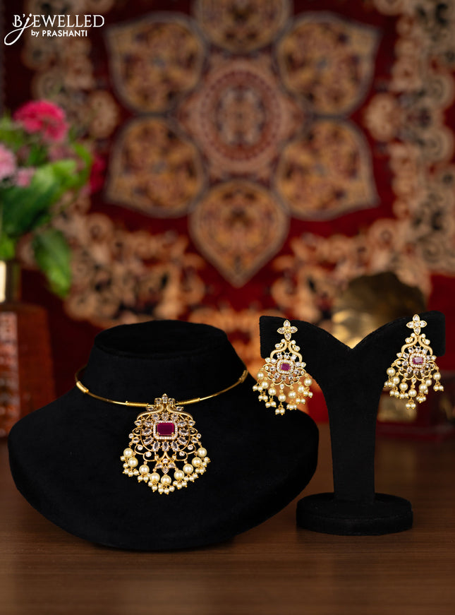 Antique ring type choker with ruby & cz stones and pearl hangings