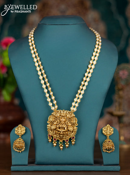 Pearl double layer haram lakshmi pendant with kemp stones and golden beads hangings
