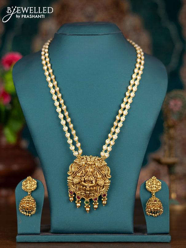 Pearl double layer haram lakshmi pendant with kemp stones and golden beads hangings