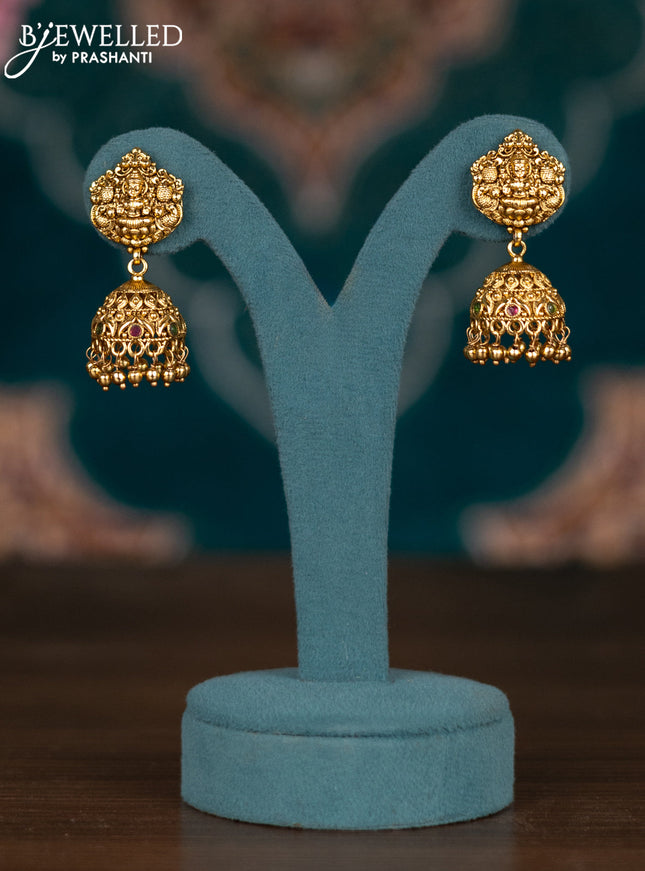 Pearl double layer haram lakshmi pendant with kemp stones and golden beads hangings