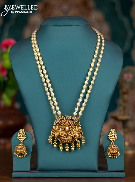 Pearl double layer haram lakshmi pendant with kemp stones and golden beads hangings