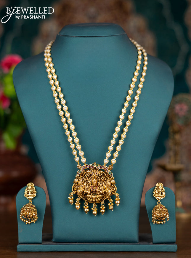 Pearl double layer haram lakshmi pendant with kemp stones and golden beads hangings