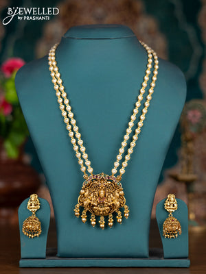 Pearl double layer haram lakshmi pendant with kemp stones and golden beads hangings
