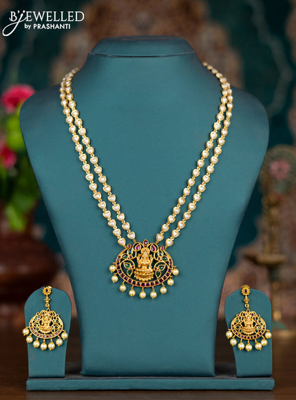 Pearl double layer haram lakshmi pendant with kemp stones and pearl hangings
