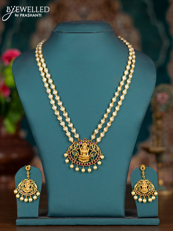 Pearl double layer haram lakshmi pendant with kemp stones and pearl hangings