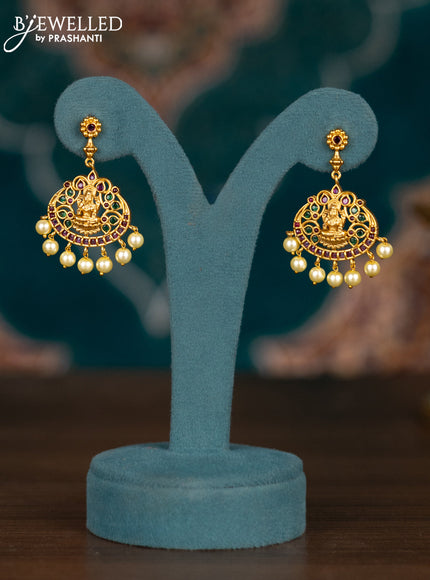 Pearl double layer haram lakshmi pendant with kemp stones and pearl hangings