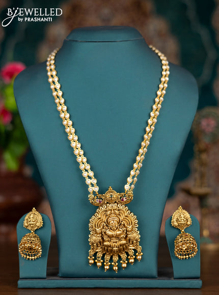 Pearl double layer haram lakshmi pendant with kemp stones and golden beads hangings