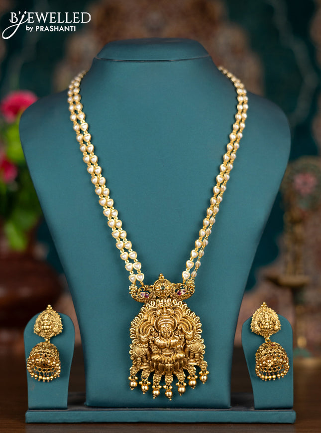 Pearl double layer haram lakshmi pendant with kemp stones and golden beads hangings