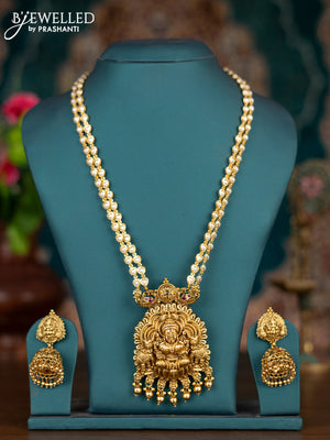 Pearl double layer haram lakshmi pendant with kemp stones and golden beads hangings