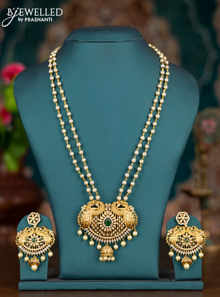 Pearl double layer haram peacock design with emerald & cz stones and pearl hangings