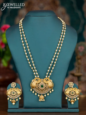 Pearl double layer haram peacock design with emerald & cz stones and pearl hangings