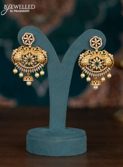 Pearl double layer haram peacock design with emerald & cz stones and pearl hangings