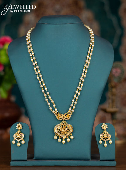 Pearl double layer haram lakshmi pendant with kemp & cz stones and pearl hangings