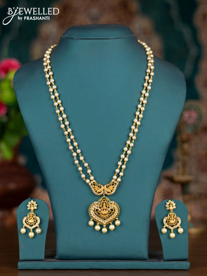 Pearl double layer haram lakshmi pendant with kemp & cz stones and pearl hangings
