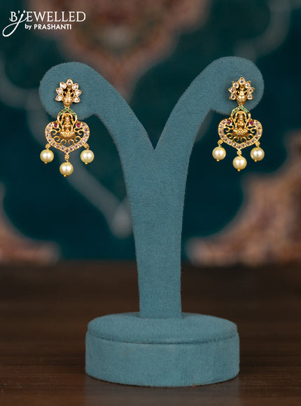 Pearl double layer haram lakshmi pendant with kemp & cz stones and pearl hangings