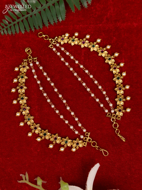 Antique triple layer mattal with kemp stones and pearl hangings